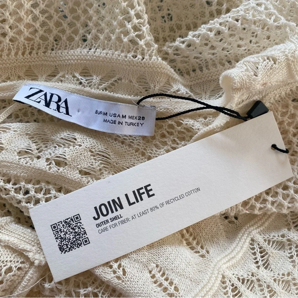 Zara Cream Pointelle Knit Crochet Cutout Long Sleeve Crop Top